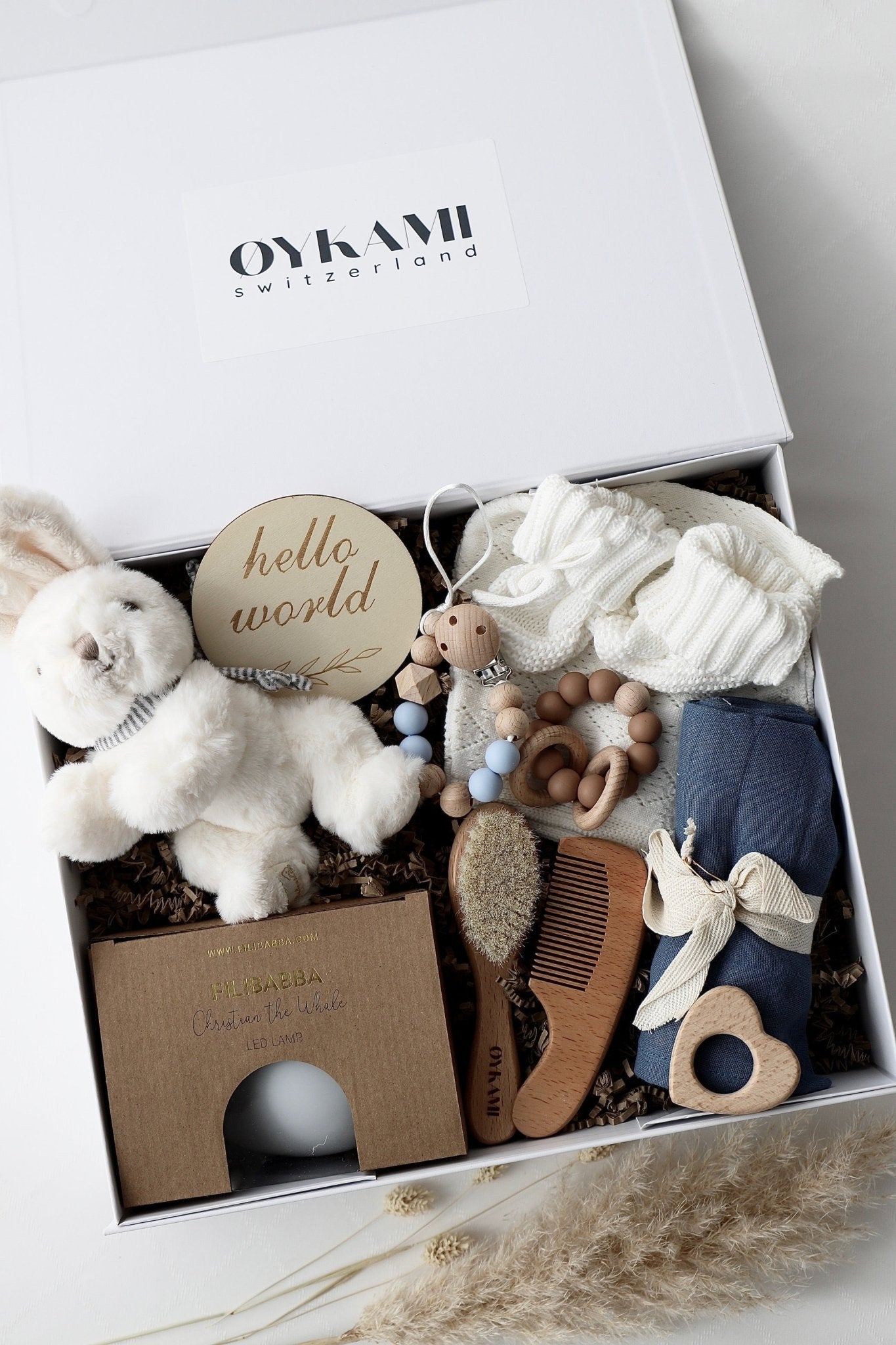 Baby Geschenkbox Blau "Paris" Hase Weiss - OYKAMI in a box