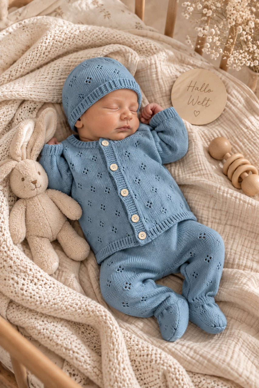OYKAMI Baby Strick Set Cardigan, Hose & Mütze - Blau