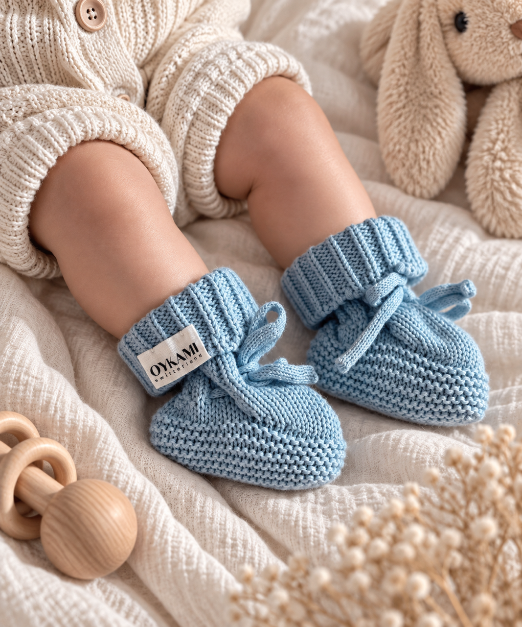Gestrickte Babyschuhe blau - OYKAMI in a box