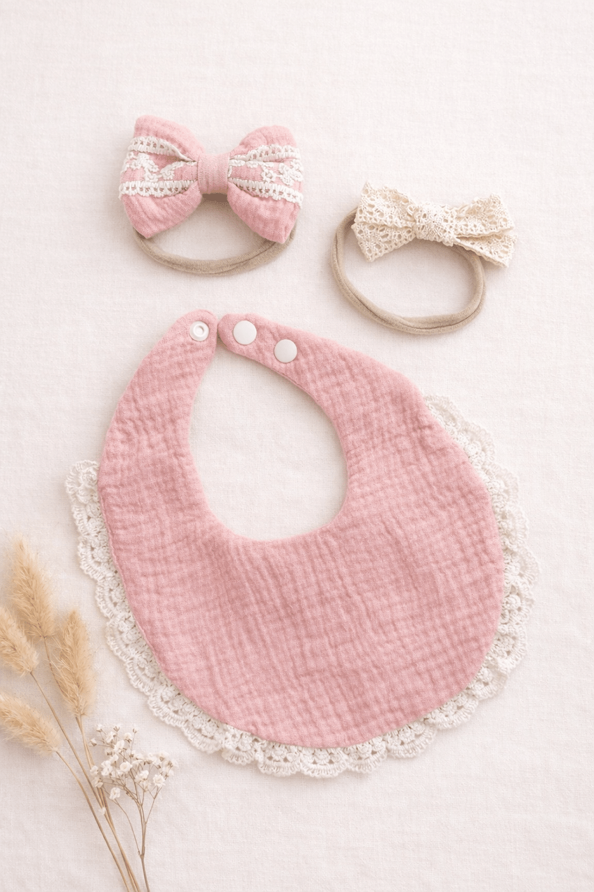 Baby Lätzchen Set mit Haarbändern – Rosé - OYKAMI in a box