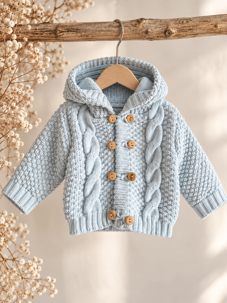 Baby Strickjacke mit Kapuze & Holzknöpfen - Blau - OYKAMI in a box