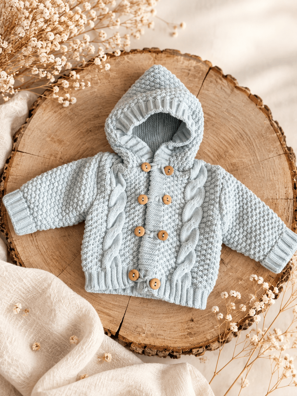 Baby Strickjacke mit Kapuze & Holzknöpfen - Blau - OYKAMI in a box