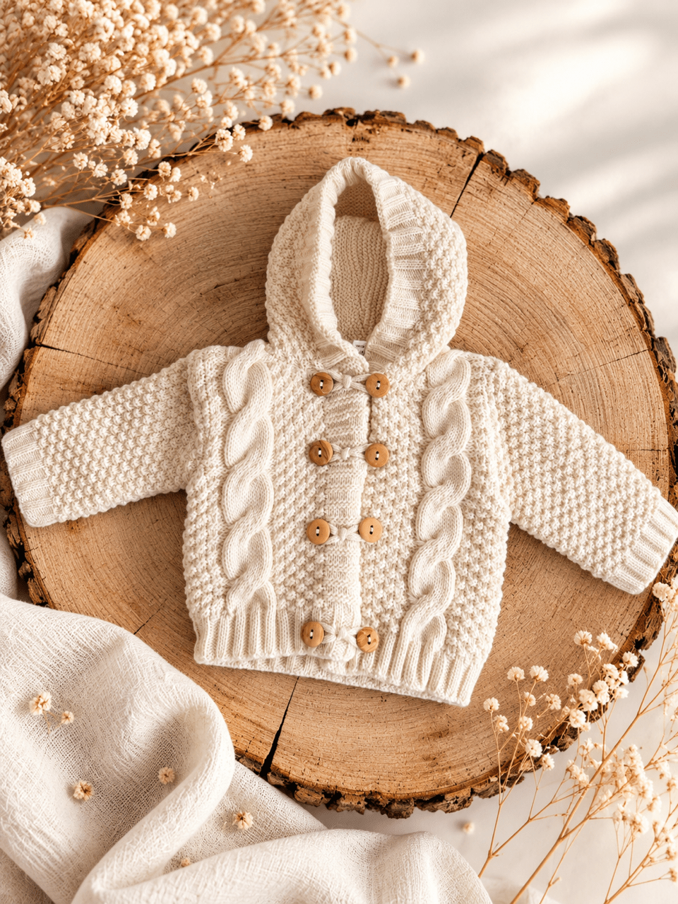 Baby Strickjacke mit Kapuze & Holzknöpfen - Creme - OYKAMI in a box