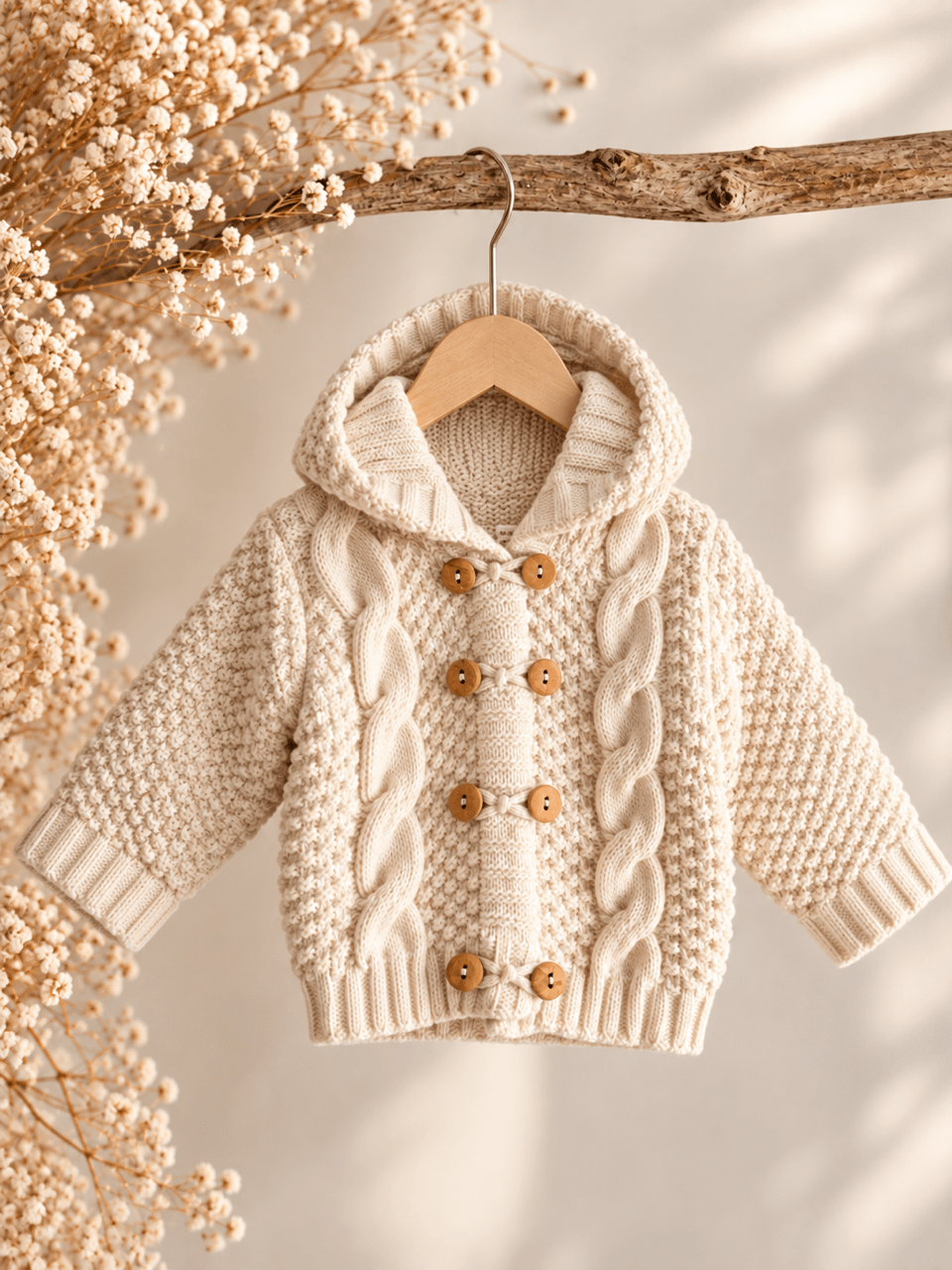 Baby Strickjacke mit Kapuze & Holzknöpfen - Creme - OYKAMI in a box