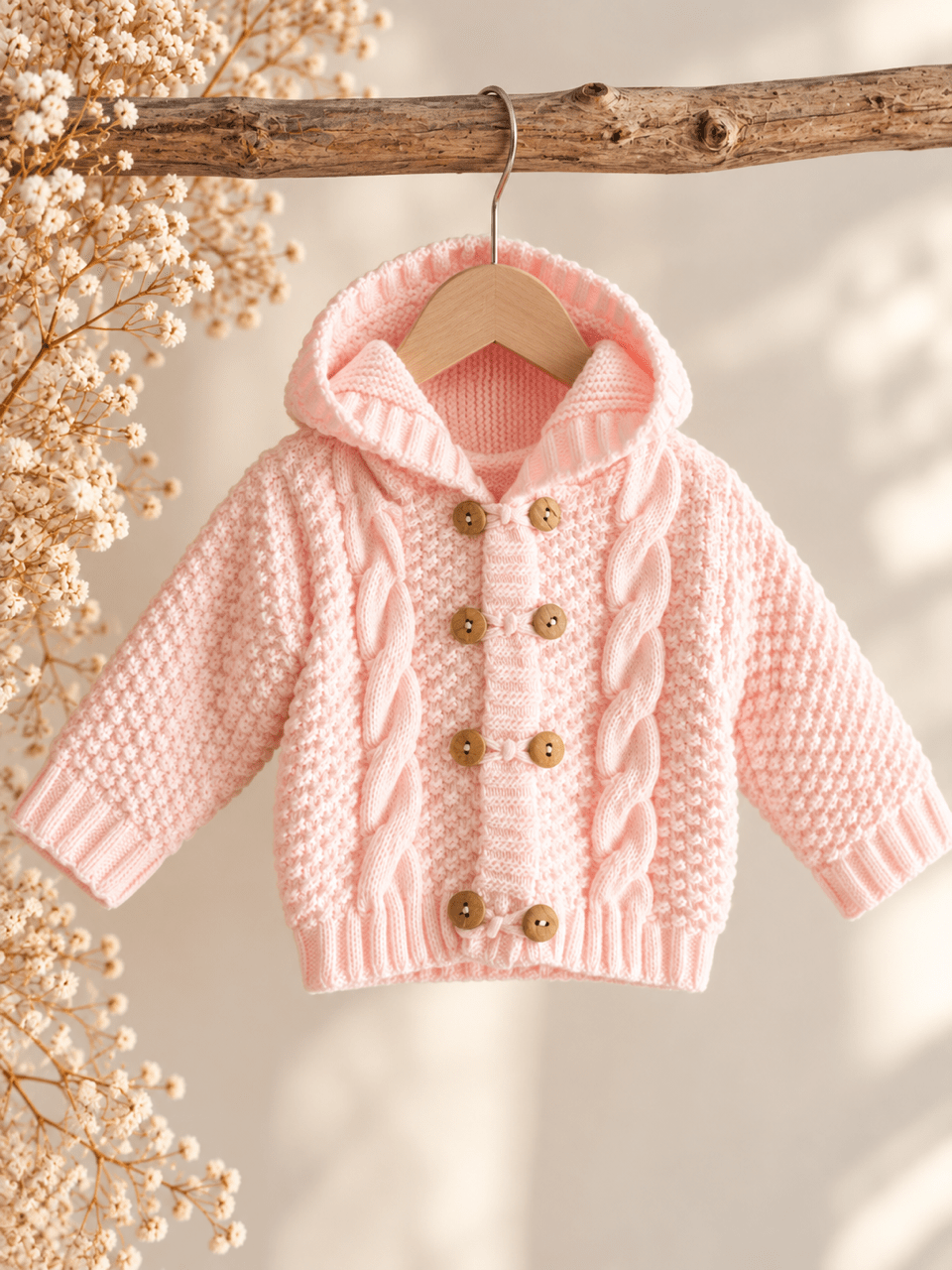 Baby Strickjacke mit Kapuze & Holzknöpfen - Rosa - OYKAMI in a box