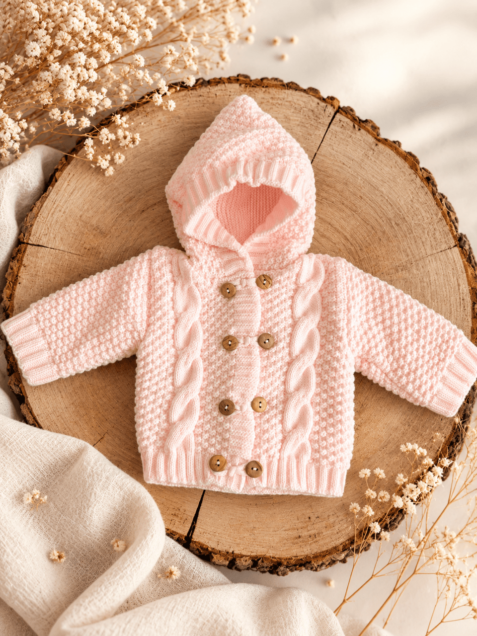 Baby Strickjacke mit Kapuze & Holzknöpfen - Rosa - OYKAMI in a box