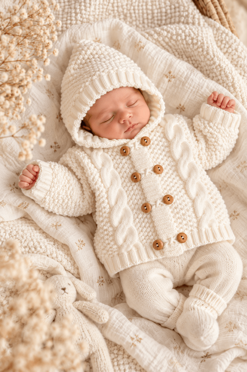 Baby Strickjacke mit Kapuze & Holzknöpfen - Weiss - OYKAMI in a box