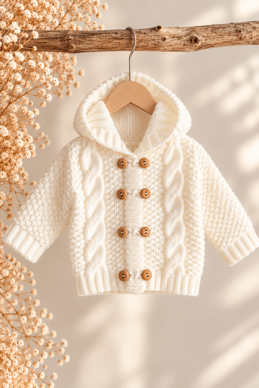 Baby Strickjacke mit Kapuze & Holzknöpfen - Weiss - OYKAMI in a box