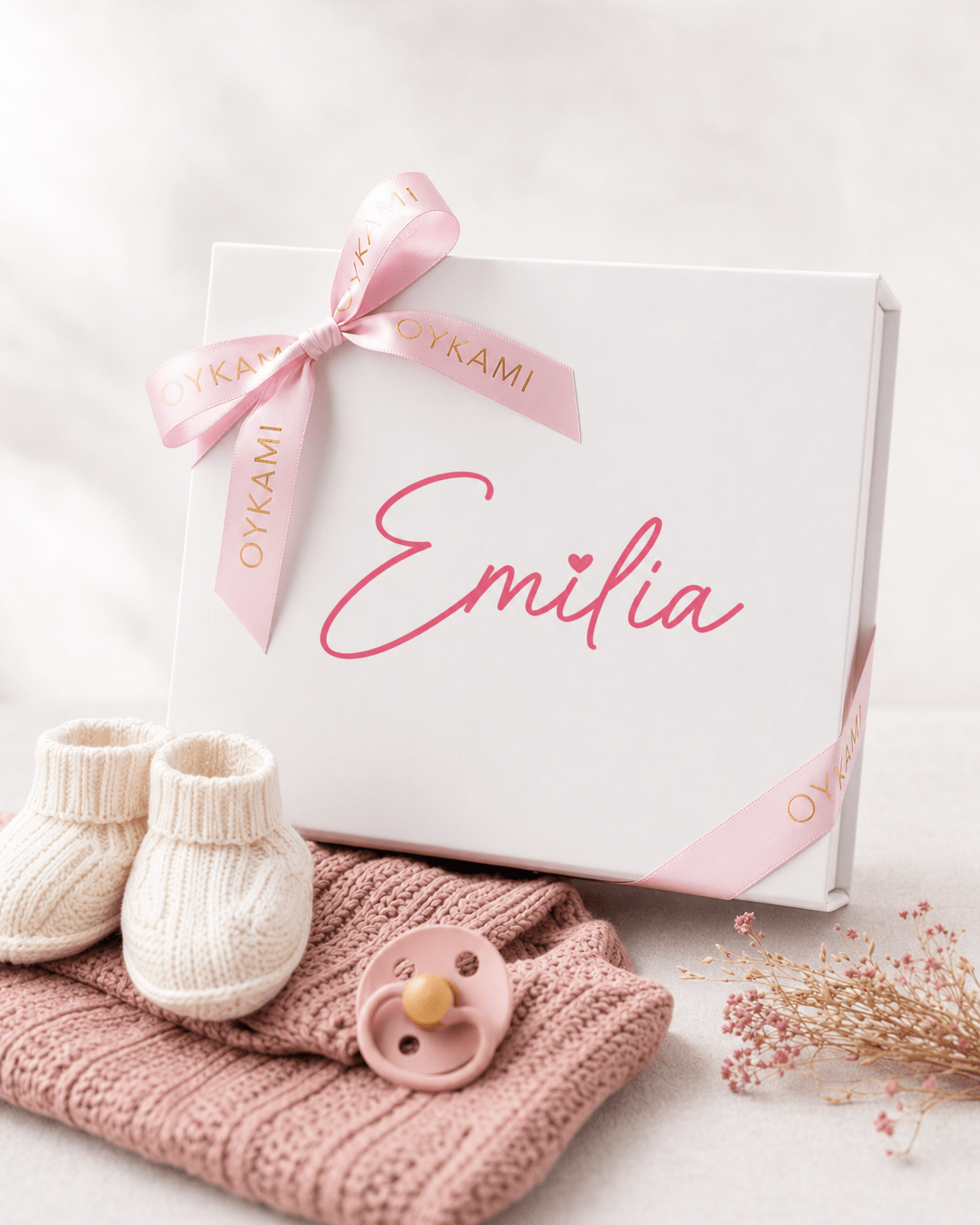 Geschenkbox Personalisierung – Box, Rosa Name, rosa Band - OYKAMI in a box
