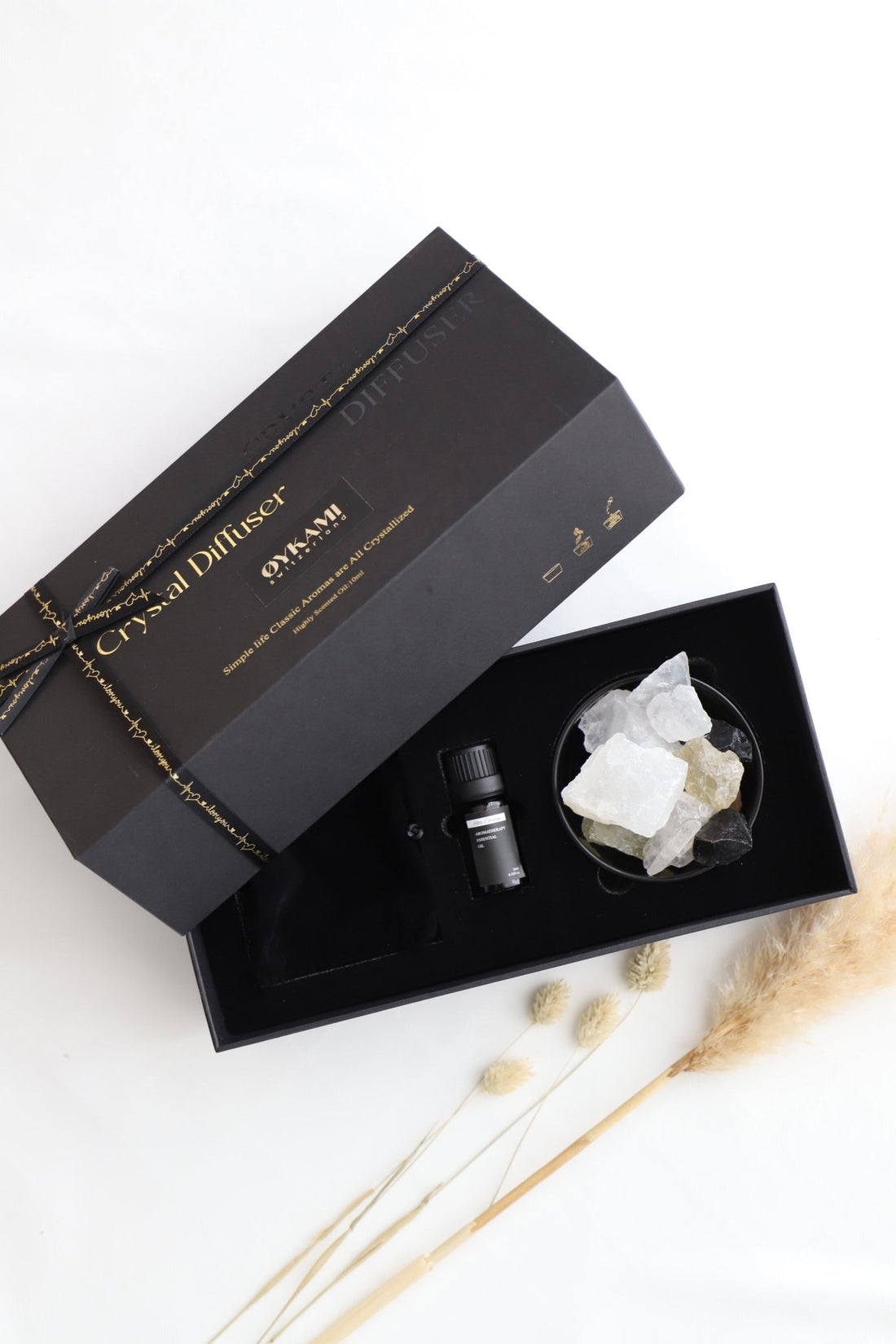 Geschenkset - Kristall Diffuser mit Öl und Steinen - OYKAMI in a box