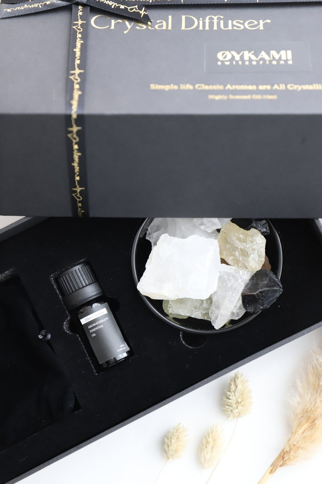 Geschenkset - Kristall Diffuser mit Öl und Steinen - OYKAMI in a box