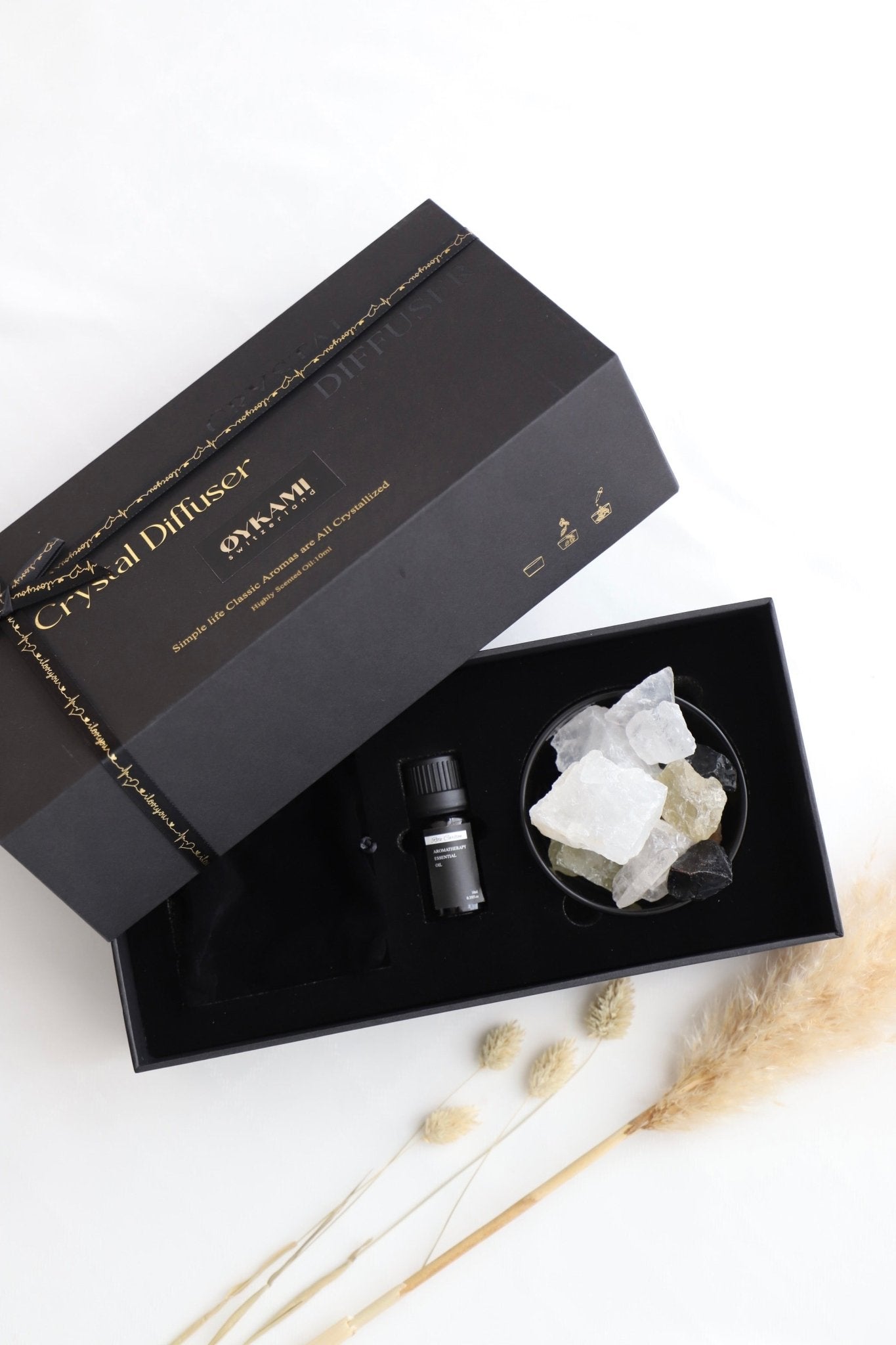 Geschenkset - Kristall Diffuser mit Öl und Steinen - OYKAMI in a box