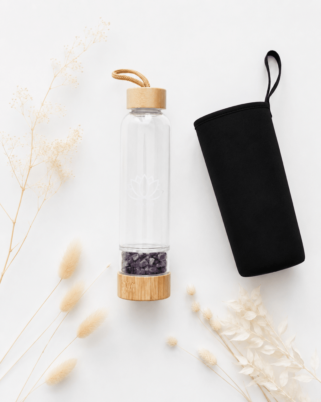 Geschenkset Wasserflasche mit Steinen - Ametist - OYKAMI in a box