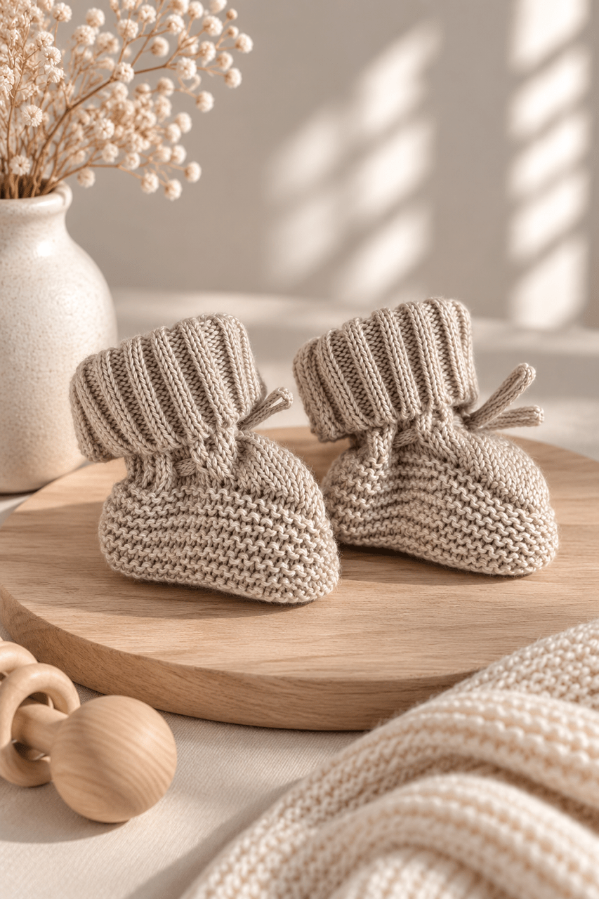 Gestrickte Babyschuhe beige - OYKAMI in a box