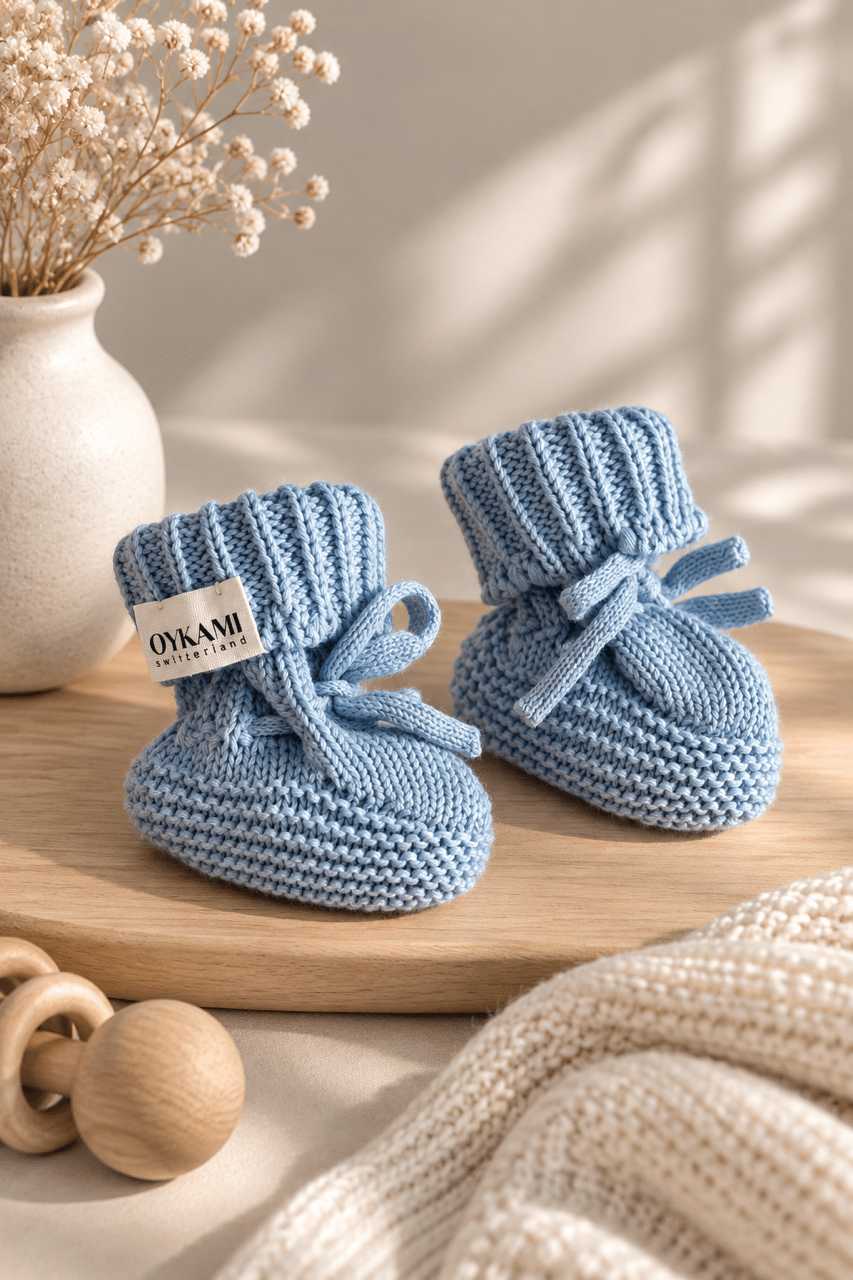 Gestrickte Babyschuhe blau - OYKAMI in a box