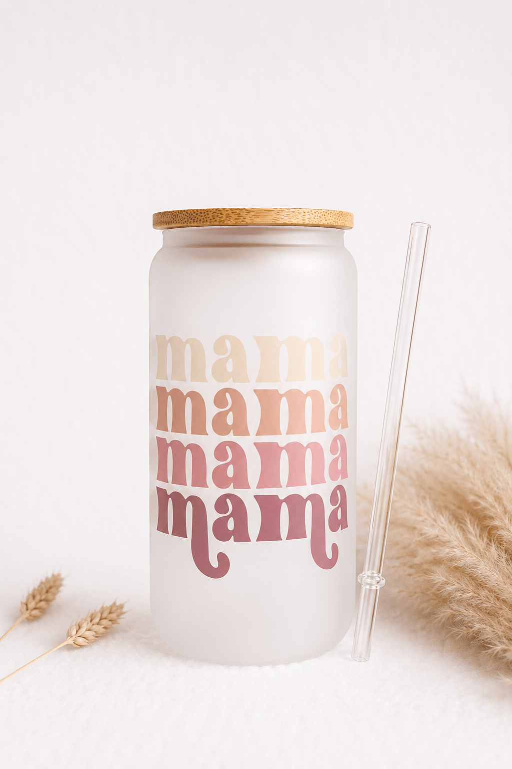 Glasbecher „Mama“ inkl. Bambusdeckel & Glasstrohhalm - OYKAMI in a box