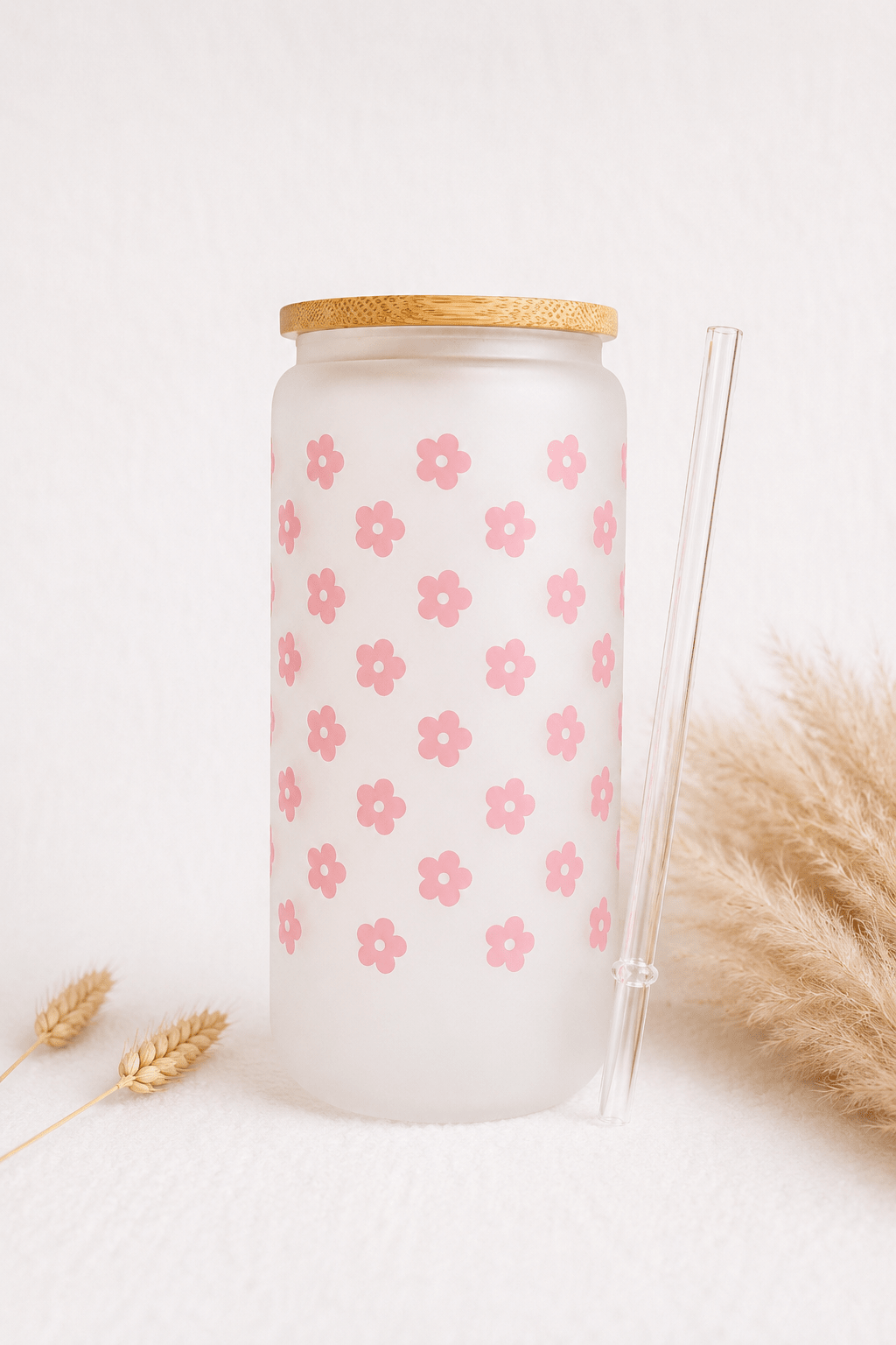 Glasbecher „Pink Flowers“ inkl. Bambusdeckel & Glasstrohhalm - OYKAMI in a box