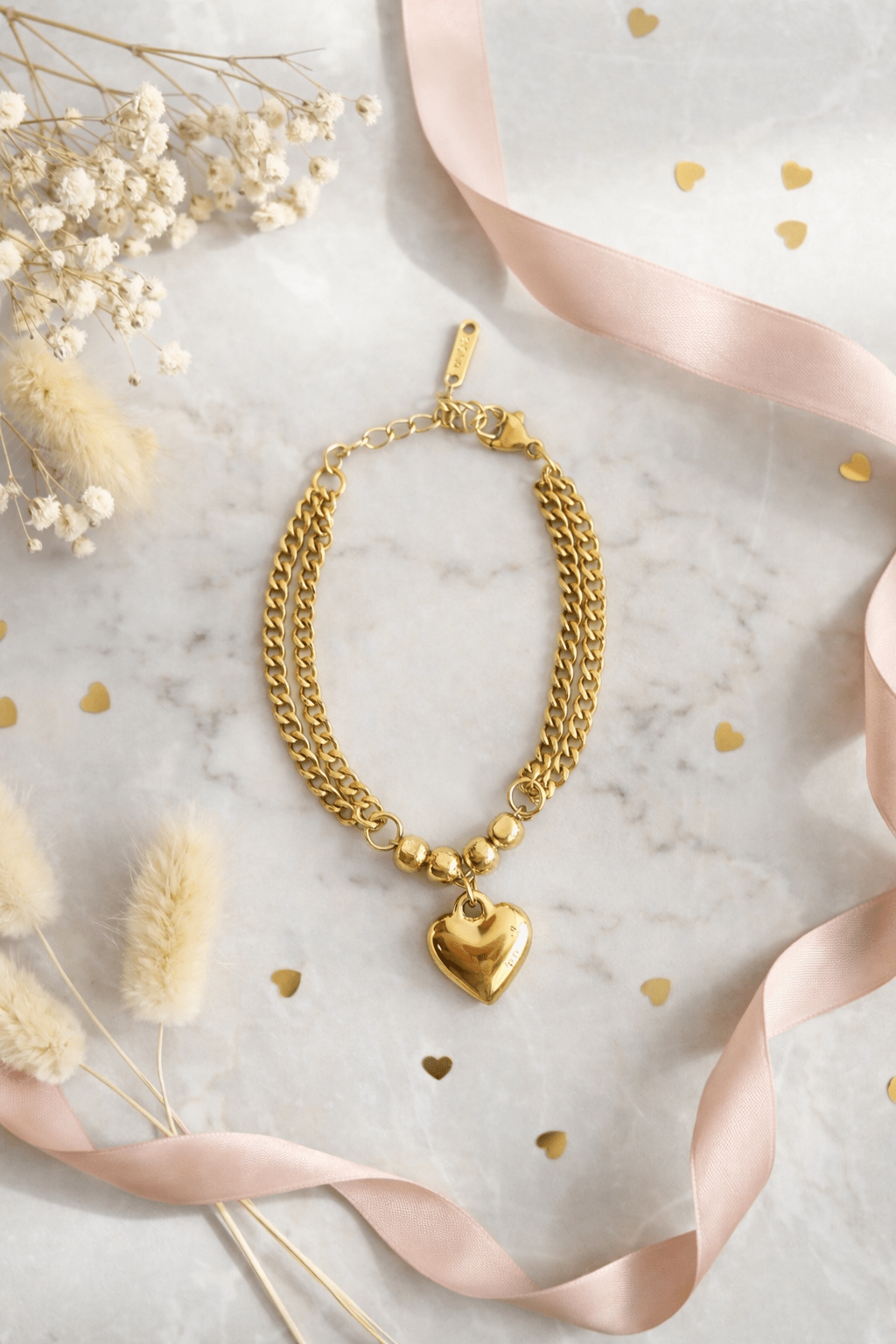 Goldenes Armband mit Herz - Anhänger - OYKAMI in a box