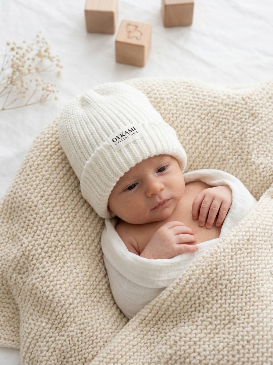 Handgestrickte Babymütze Weiss – OYKAMI - OYKAMI in a box
