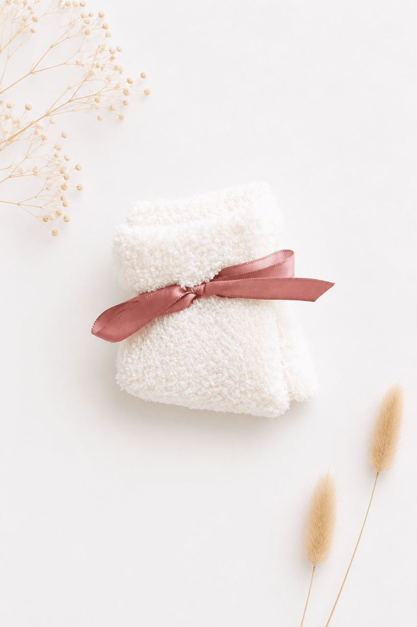 Kuschelsocken Weiss mit dunkelrosa Band - OYKAMI in a box