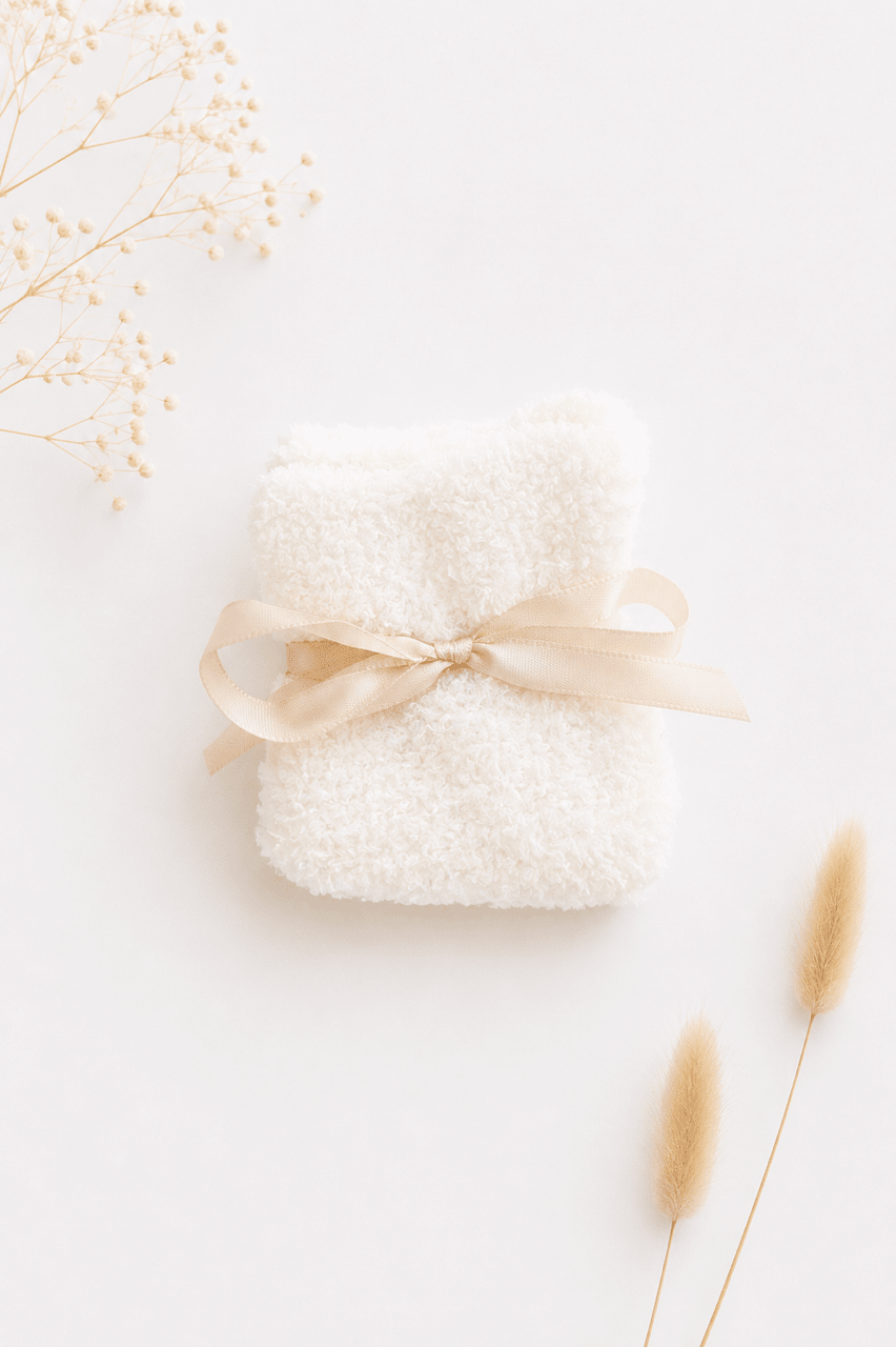 Kuschelsocken Weiss mit rosa Band - OYKAMI in a box