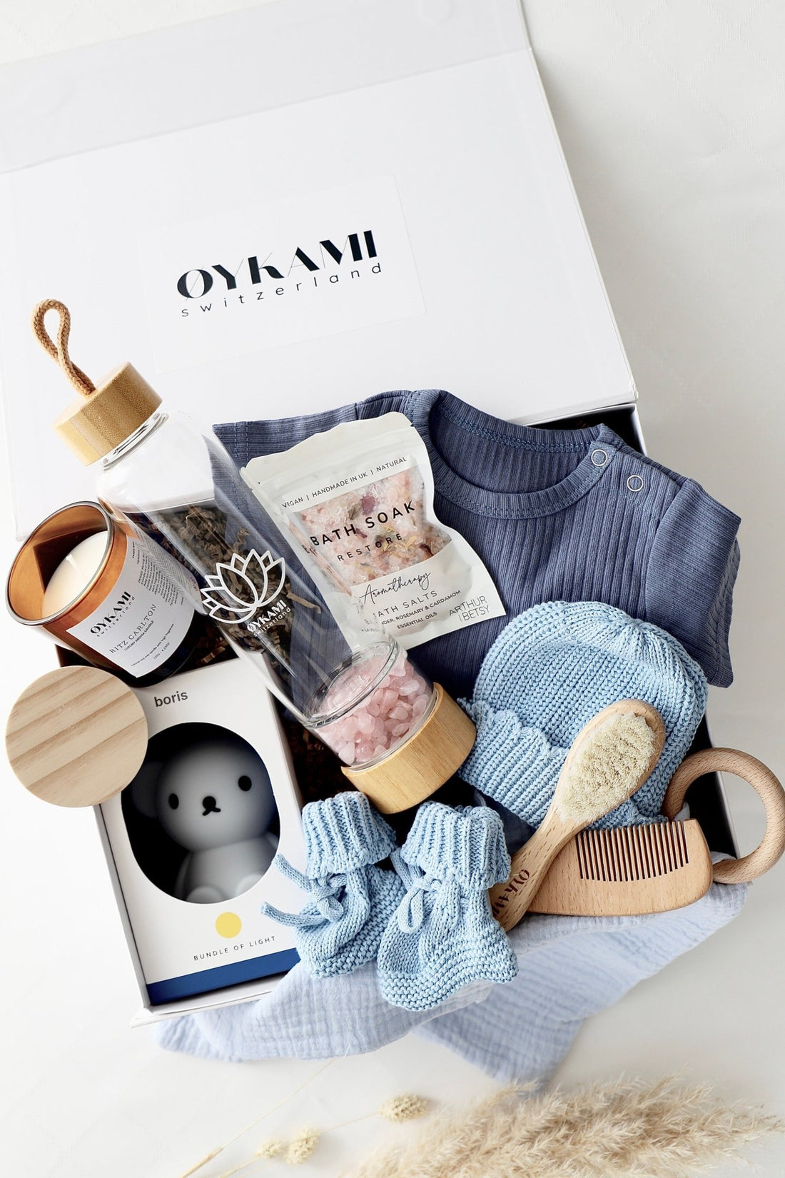 Mama & Baby Geschenkbox Blau "Lugano" Boris - rosa Steine - OYKAMI in a box