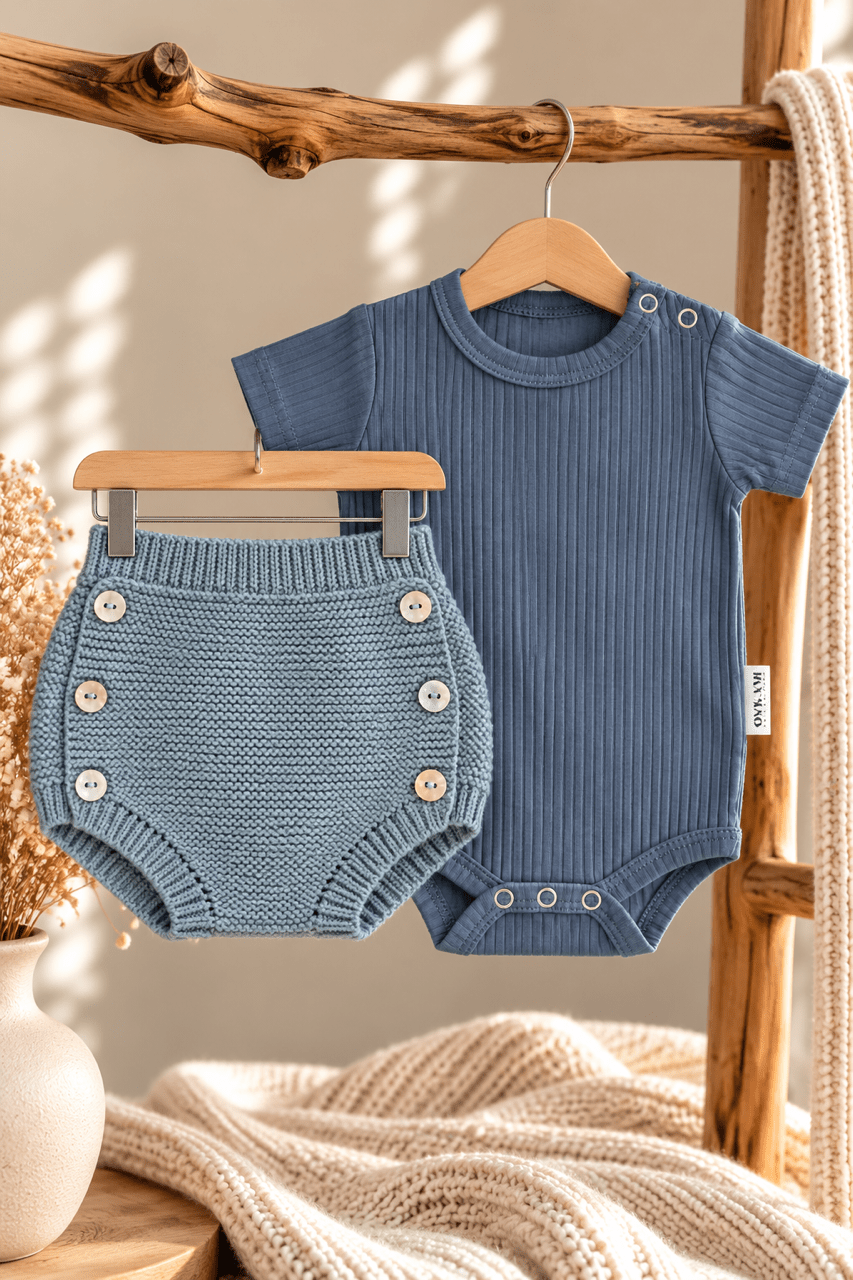 OYKAMI Baby Strick Set Bloomer – Blau - OYKAMI in a box