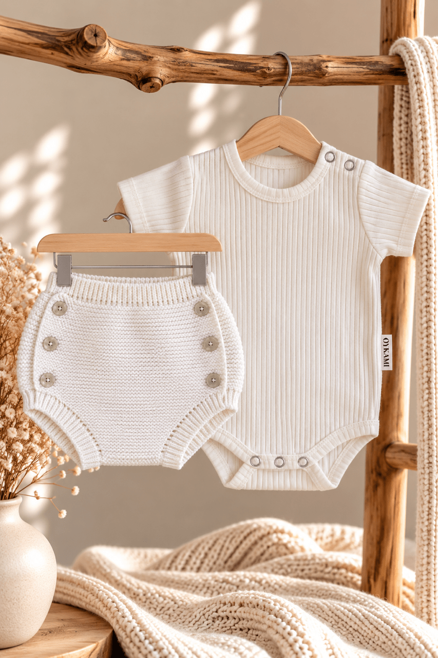 OYKAMI Baby Strick Set Bloomer – Weiss - OYKAMI in a box