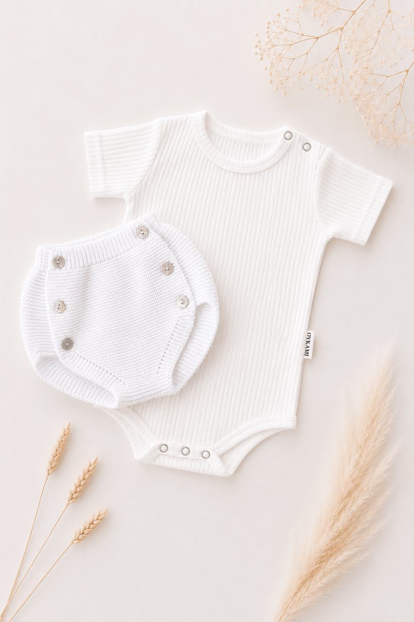 OYKAMI Baby Strick Set Bloomer – Weiss - OYKAMI in a box