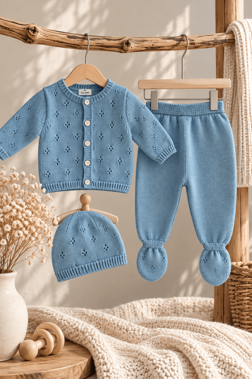OYKAMI Baby Strick Set Cardigan, Hose & Mütze - Blau - OYKAMI in a box