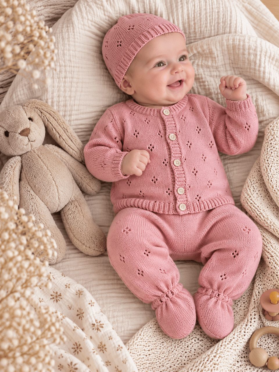 OYKAMI Baby Strick Set Cardigan, Hose & Mütze - Rosa - OYKAMI in a box