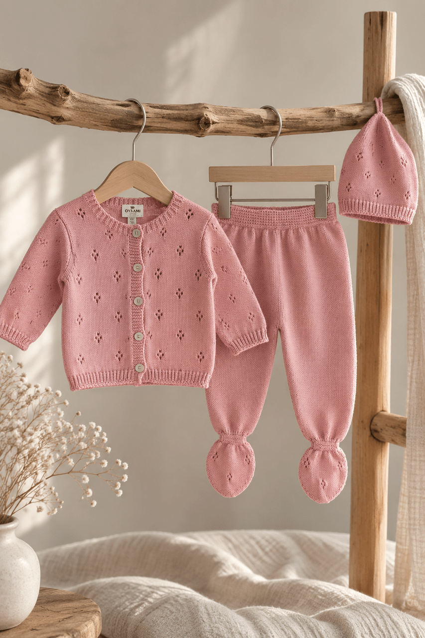 OYKAMI Baby Strick Set Cardigan, Hose & Mütze - Rosa - OYKAMI in a box