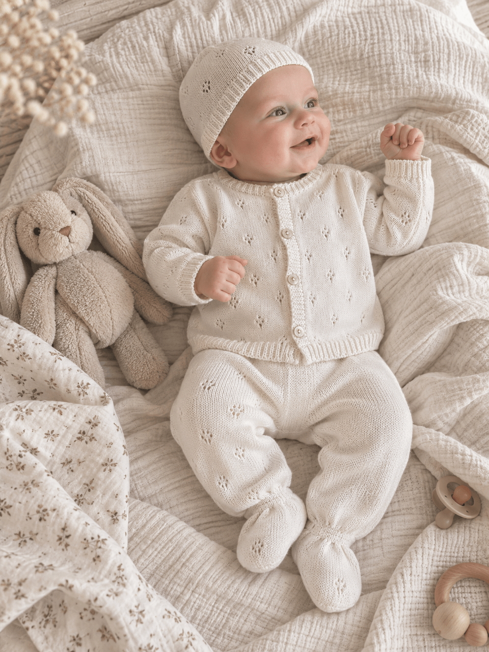 OYKAMI Baby Strick Set Cardigan, Hose & Mütze - Weiss - OYKAMI in a box