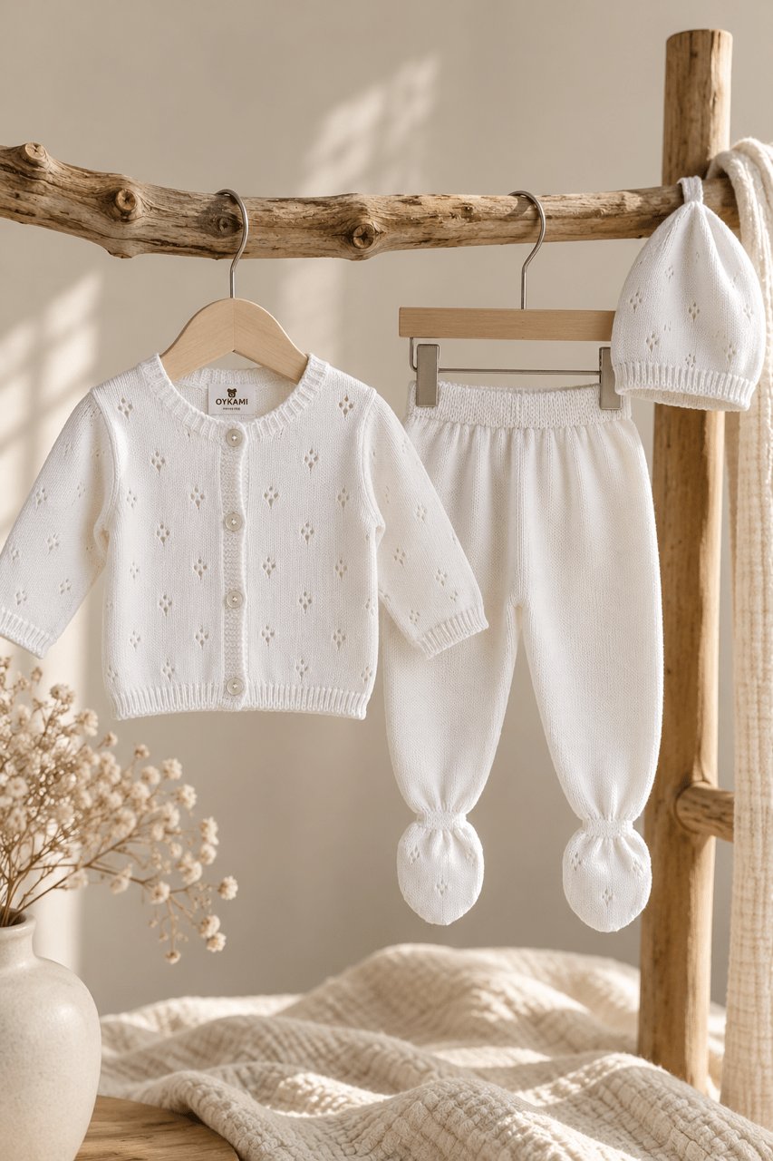 OYKAMI Baby Strick Set Cardigan, Hose & Mütze - Weiss - OYKAMI in a box