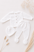 OYKAMI Baby Strick Set Cardigan, Hose & Mütze - Weiss - OYKAMI in a box