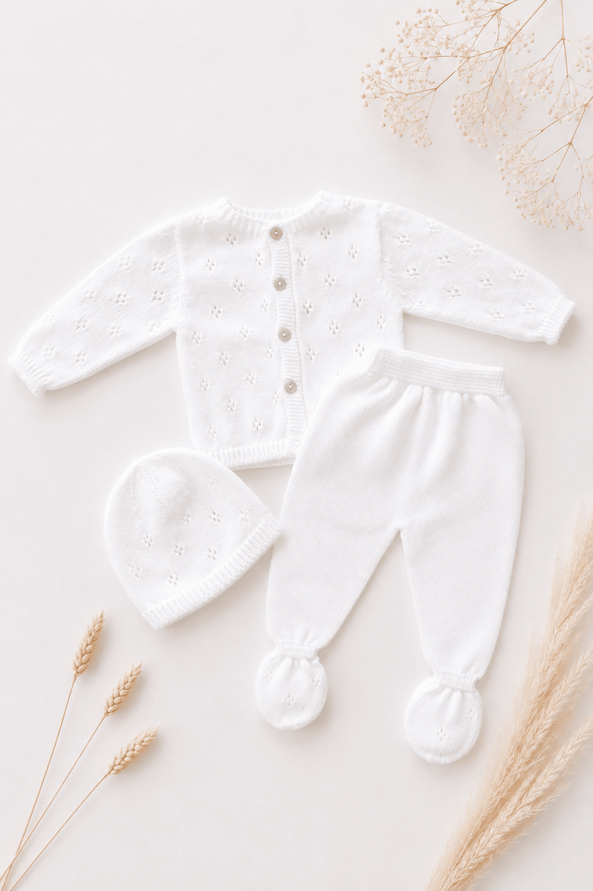 OYKAMI Baby Strick Set Cardigan, Hose & Mütze - Weiss - OYKAMI in a box
