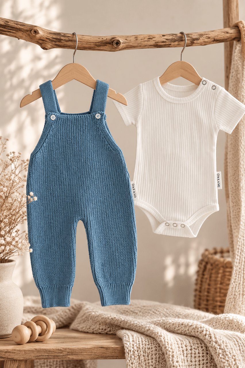 OYKAMI Baby Strick Set Latzhose – Blau - OYKAMI in a box