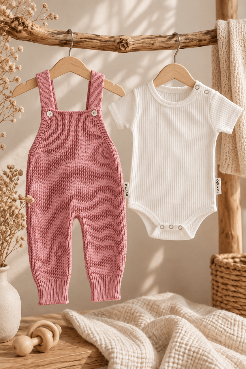 OYKAMI Baby Strick Set Latzhose – Rosa - OYKAMI in a box