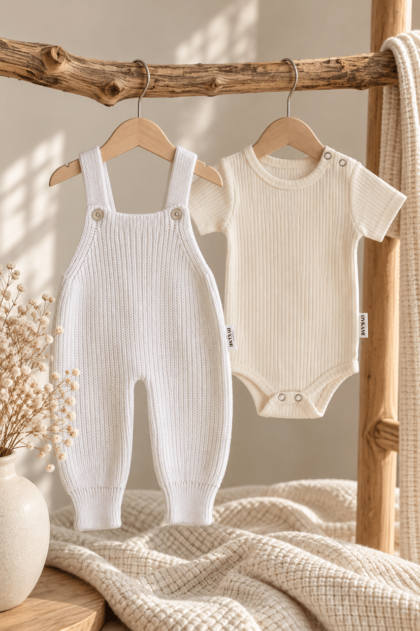 OYKAMI Baby Strick Set Latzhose – Weiss - OYKAMI in a box