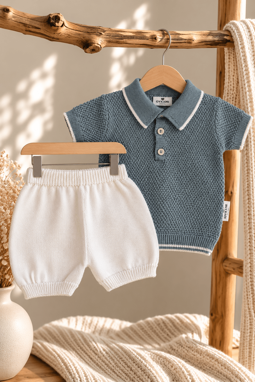 OYKAMI Baby Strick Set Polo & Shorts - Blau - OYKAMI in a box