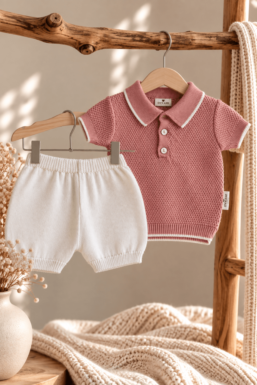 OYKAMI Baby Strick Set Polo & Shorts - Rosa - OYKAMI in a box