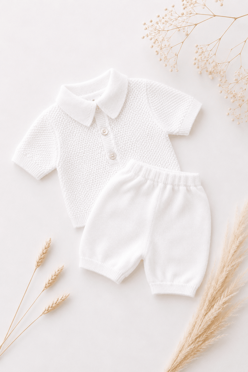 OYKAMI Baby Strick Set Polo & Shorts - Weiss - OYKAMI in a box