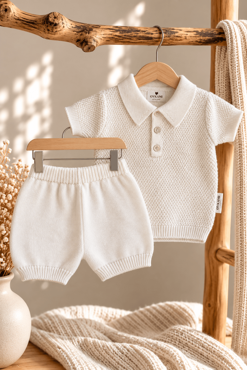 OYKAMI Baby Strick Set Polo & Shorts - Weiss - OYKAMI in a box
