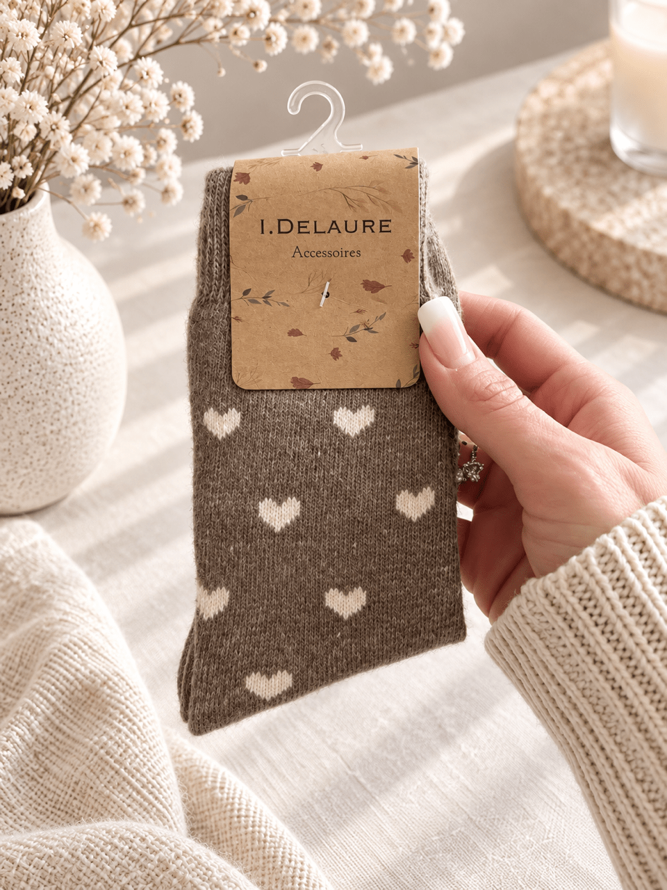 Socken mit Herzen - Taupe - OYKAMI in a box