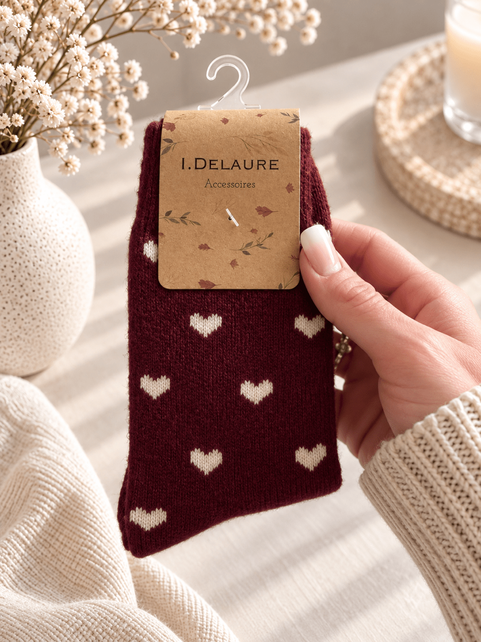 Socken mit Herzen - Weinrot - OYKAMI in a box