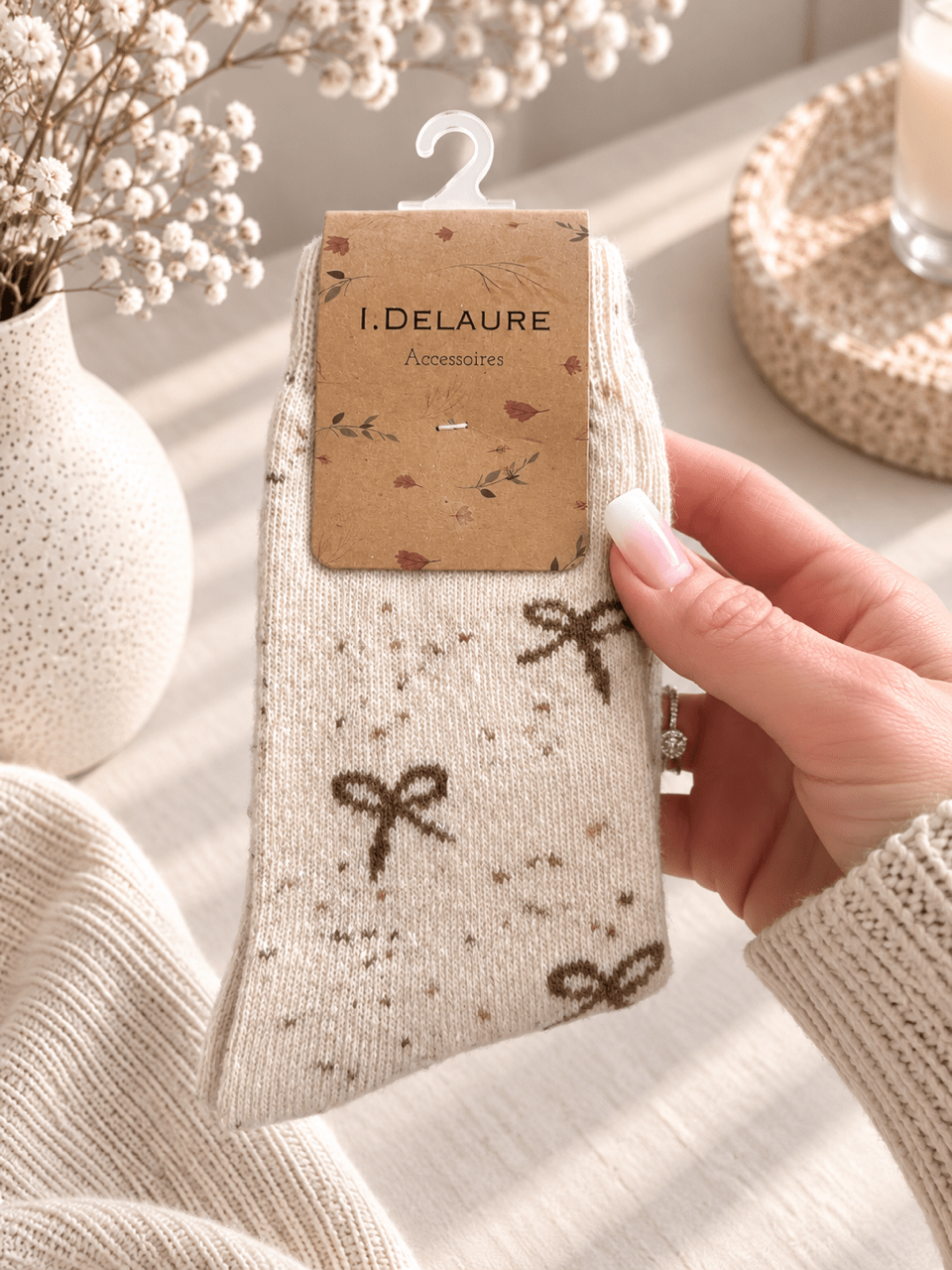 Socken mit Schleifen - Creme/braun - OYKAMI in a box