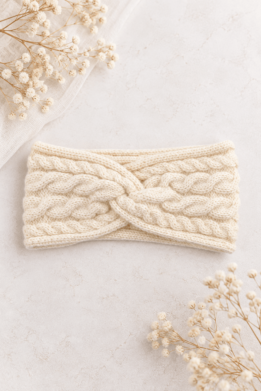 Strick-Stirnband mit Zopfmuster – Creme - OYKAMI in a box