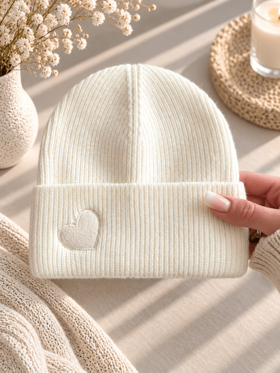 Strickmütze mit Herz – Creme - OYKAMI in a box