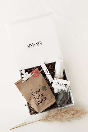 Überraschungs Geschenkbox "Eine Tüte Glück" - mit Kleeblatt und Glücksbringer - OYKAMI in a box